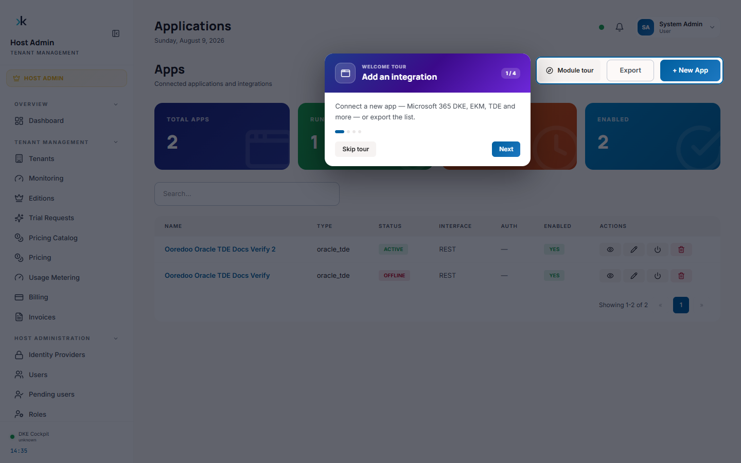 Apps list — creating a new Oracle TDE app