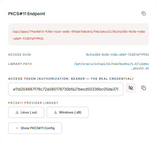 PKCS#11 Endpoint card — Access GUID vs Access Token, library downloads