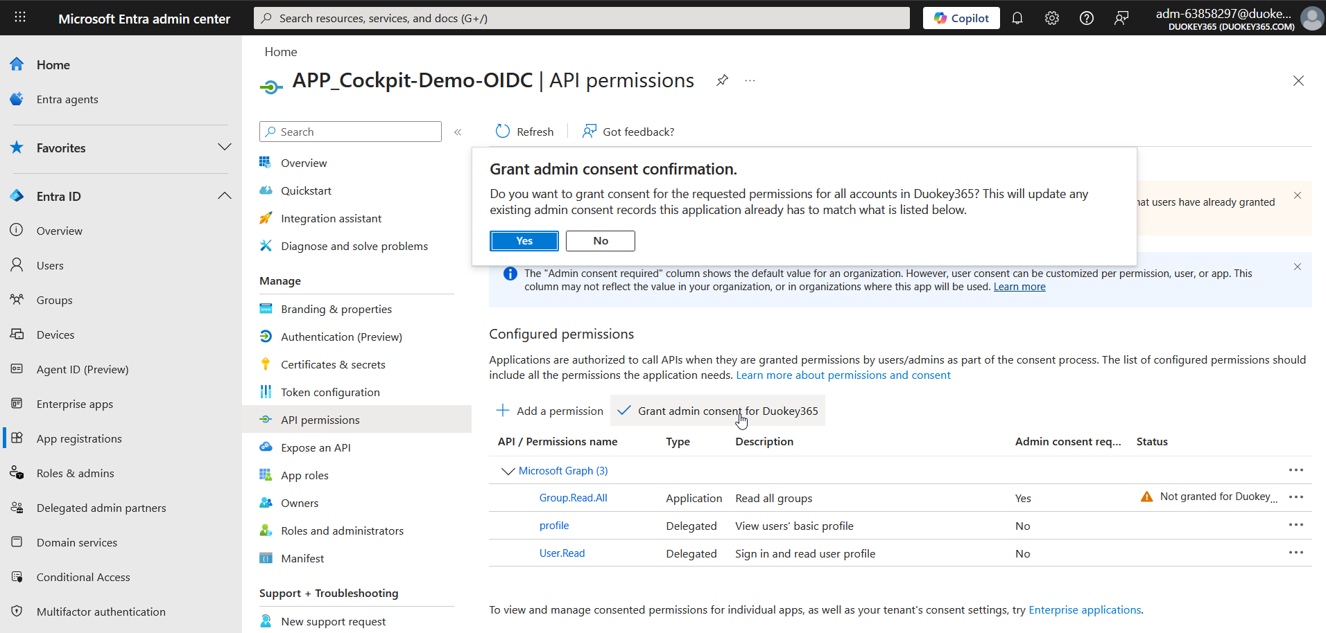 Grant admin consent confirmation