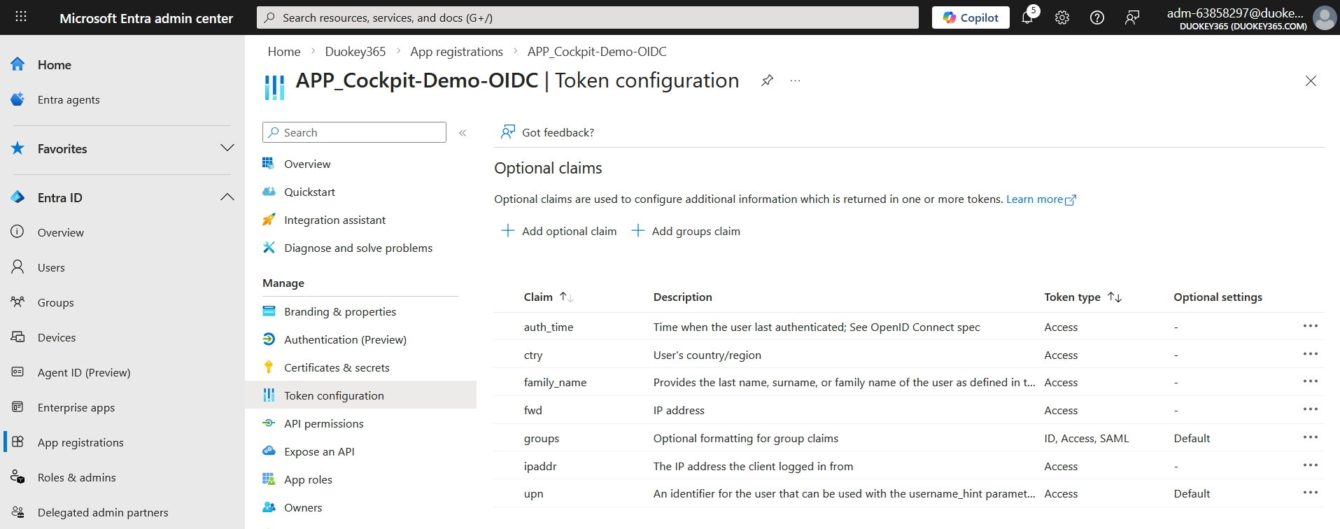 Token configuration with optional claims