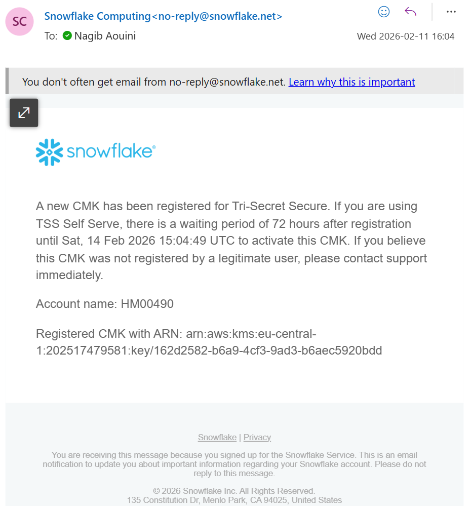 Snowflake CMK registration confirmation email