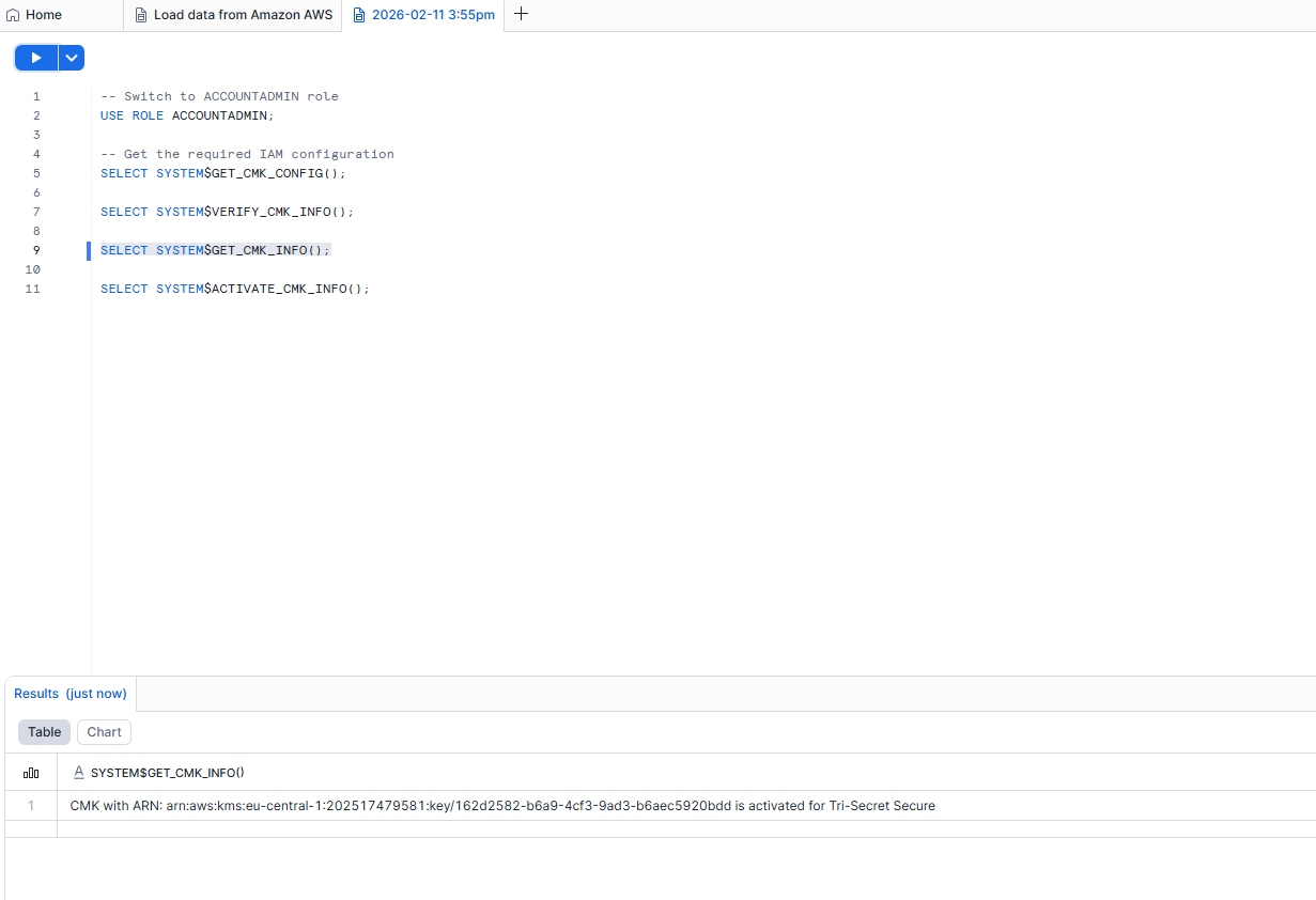 SYSTEM$GET_CMK_INFO confirming CMK is activated for Tri-Secret Secure