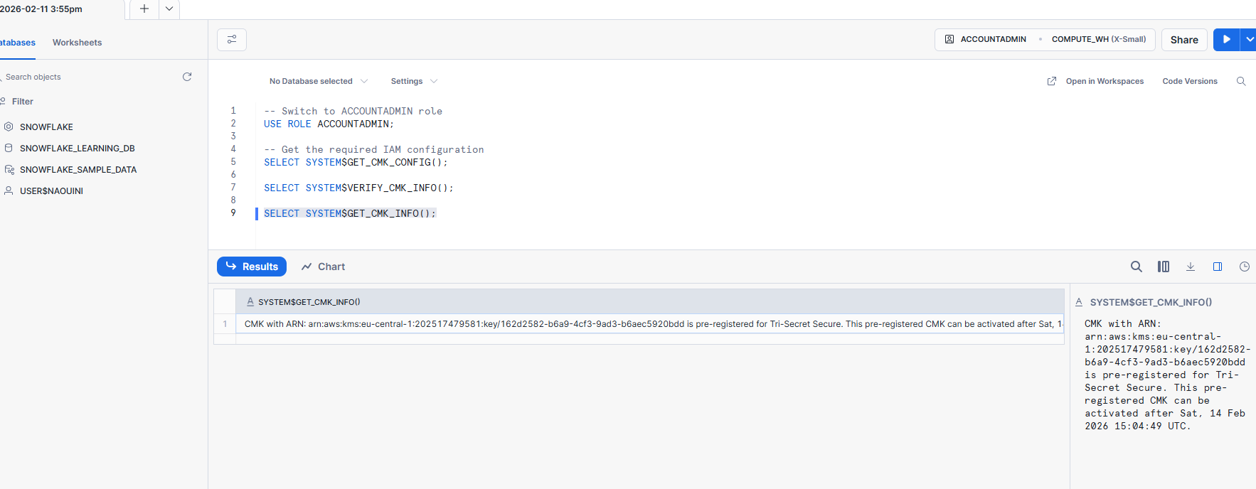 SYSTEM$GET_CMK_INFO showing pre-registered CMK status with activation date