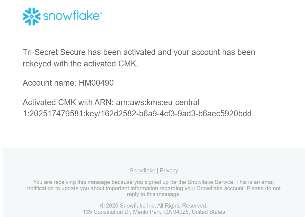 Snowflake email confirming Tri-Secret Secure activation and rekeying complete