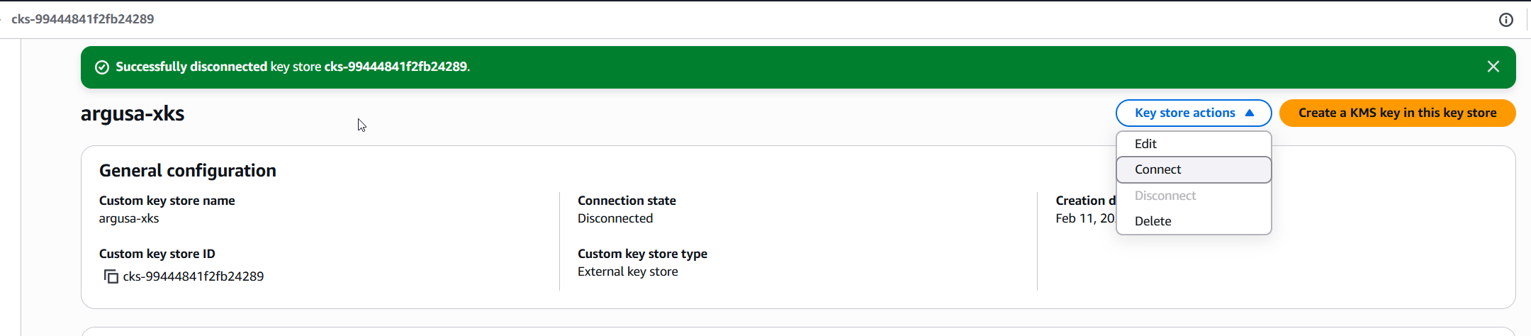 AWS KMS Console showing External Key Store disconnected