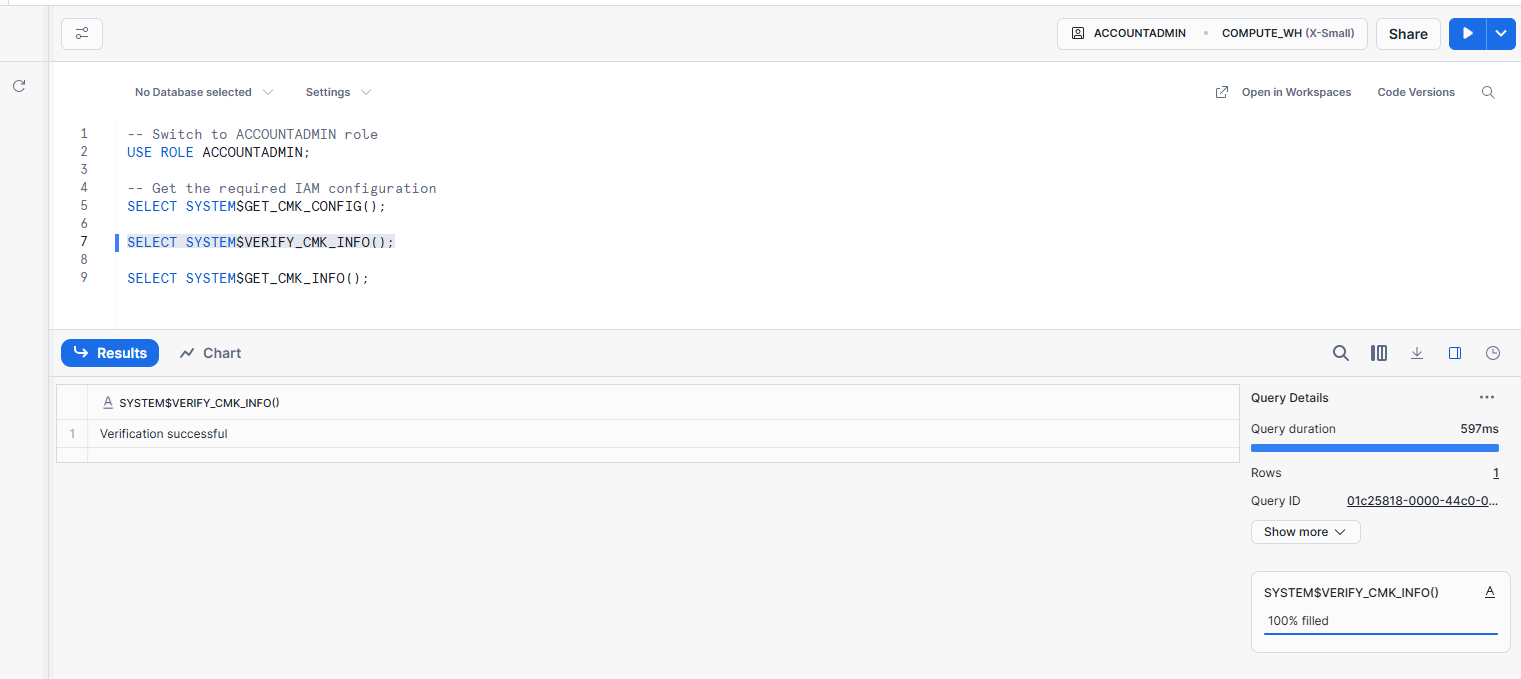 SYSTEM$VERIFY_CMK_INFO returns Verification successful in Snowflake worksheet